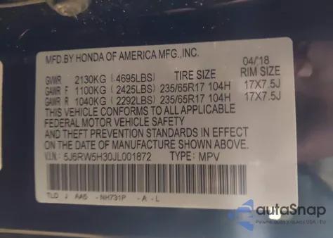 2018 Honda Cr-V Lx from USA, damaged, VIN 5J6RW5H30JL001872